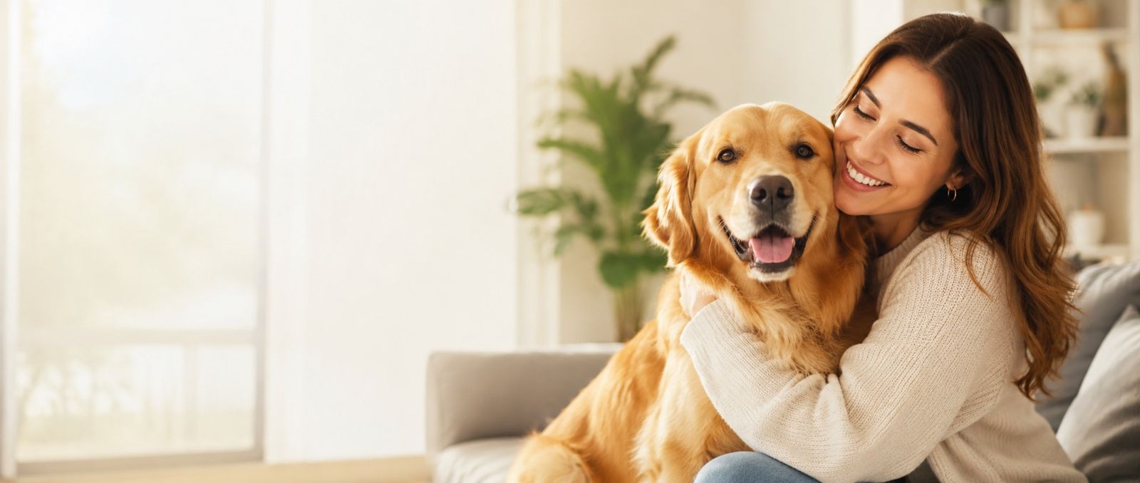 A smiling woman hugging her happy golden retriever at home