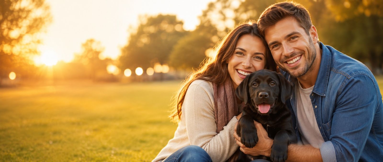 A couple holding a black Labrador puppy in a sunny park