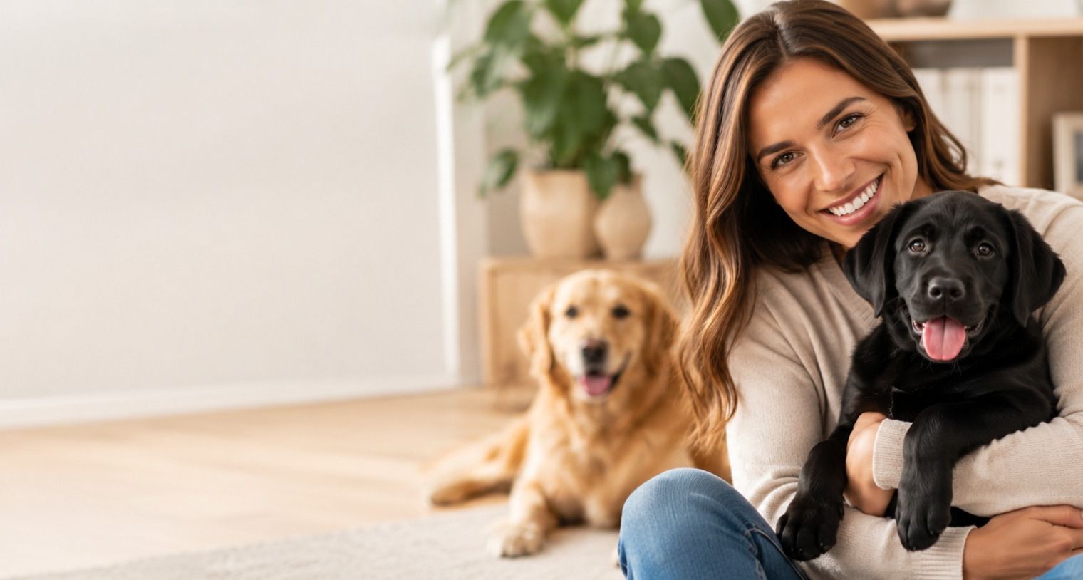 A woman holding a black Labrador puppy with a golden retriever resting behind her