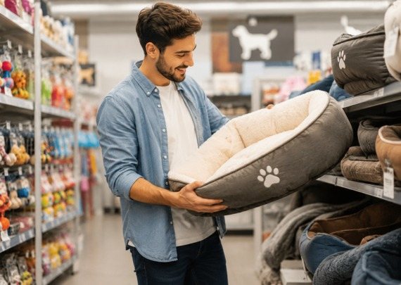 A customer choosing a soft grey pet bed with a paw print design