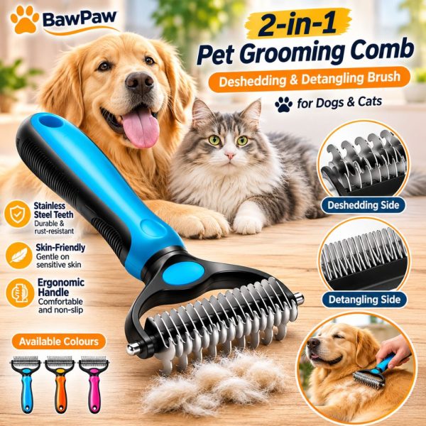 2-in-1 Stainless Steel Pet Grooming Comb – Deshedding & Detangling Brush for Dogs and Cats