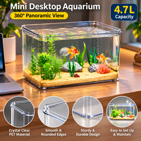 360° Panoramic Mini Desktop Aquarium – 4.7L Clear PET Fish Tank